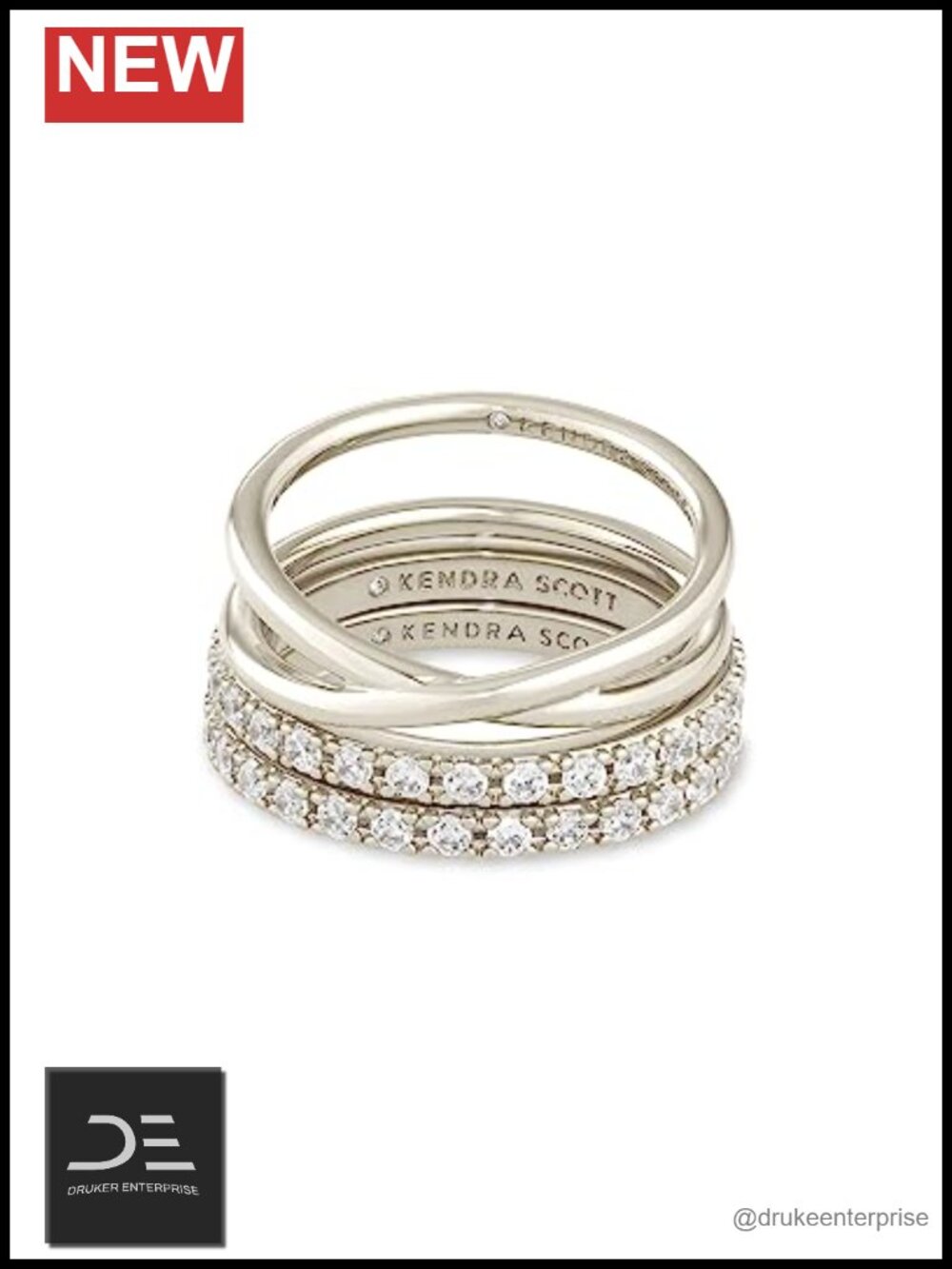 Kendra Scott Livy Rhodium-Plated Rings Set of 3 White Crystal Size 7